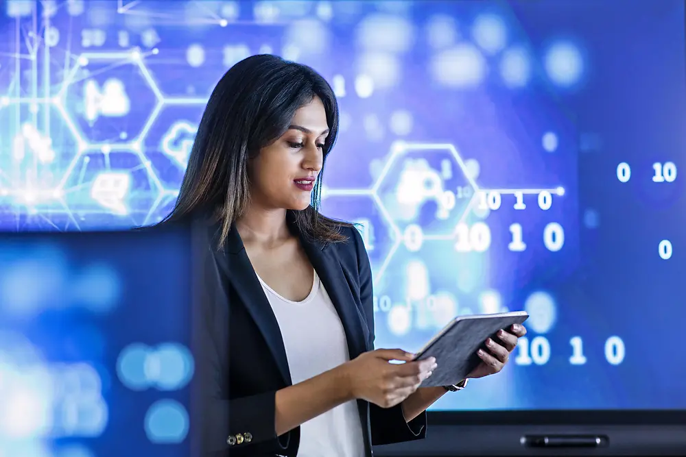 A woman is using her tablet